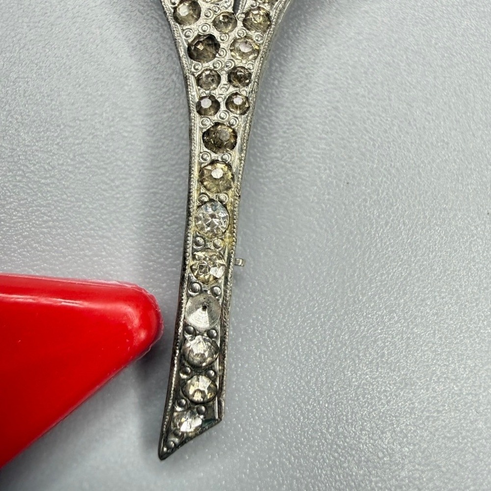VTG Art Deco Pot Metal Floral Brooch c. 1930s Large Silver Tone Rhinestones - Picture 4 of 8